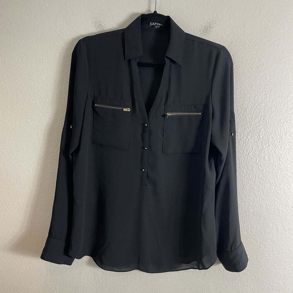 Express Womens Small Pullover Blouse Zipper Pockets Roll Tab Sleeve Shirt Black